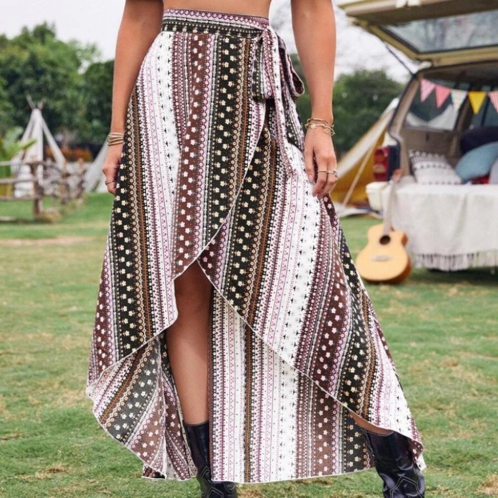 Tribal Boho Ditsy Floral Print Knot Side Wrap Skirt Brown - Picture 4 of 5